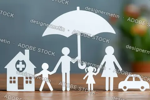 Family Health Insurance Protection Concept With House Car And Umbrella On Wooden Background