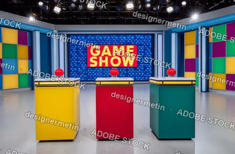 Colorful Game Show Studio Set With Contestant Podiums Large Lit Sign And Modern Bright Background