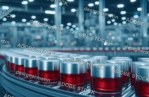 Luxury Red Cosmetic Jars On Automated Production Line Inside Modern Factory With Silver Lids And Bright Lights