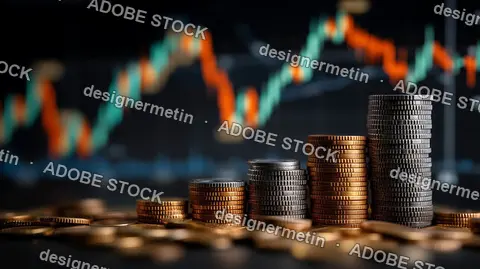 Stacks Of Coins Symbolizing Financial Investment With Stock Market Chart Growth And Trading Background Concept