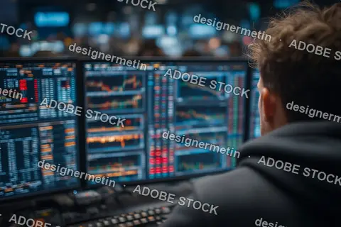 Financial Trader Monitoring Multiple Stock Market Charts On Large Screens Inside Busy Modern Trading Office