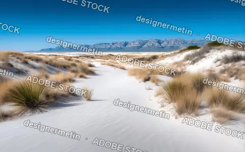 White Sand Dunes Landscape With Desert Shrubs Under Clear Blue Sky Creating Natural Dry Wilderness Scenery