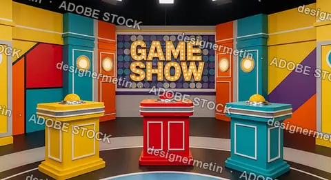 Bright Colorful Game Show Television Stage With Podiums And Buttons Under Lights In A Playful Environment