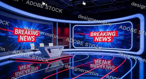 Modern Television News Studio With Breaking News Graphics And Light Reflections On Glossy Futuristic Stage Background