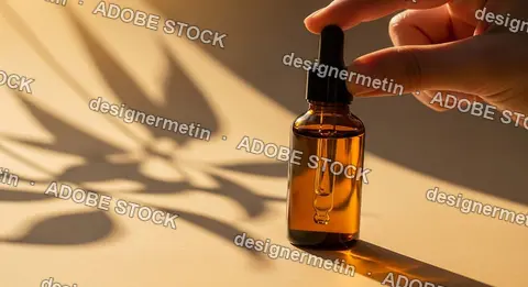 Hand Holding Amber Dropper Bottle With Soft Light Casting Plant Shadows Across Surface For Skincare Concept Design