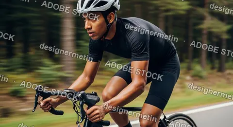 Professional Male Cyclist Riding Road Bike In Forest Environment Wearing Helmet And Sportswear During Training