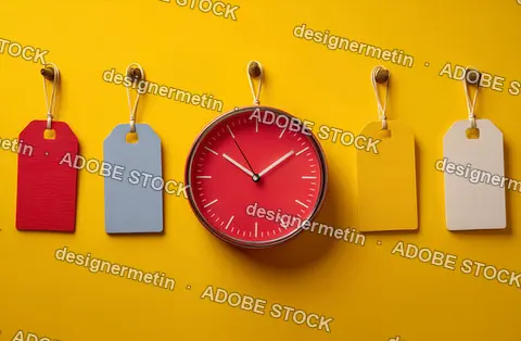 Creative Clock With Colorful Price Tags As Hour Markers Symbolizing Time And Money Balance On Yellow Background