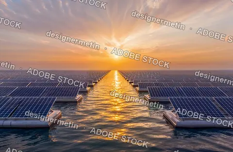Floating solar panels at sunset