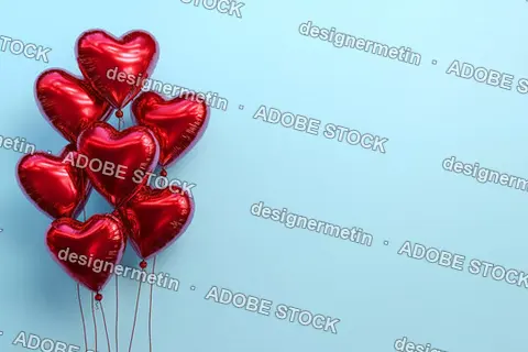 Red Heart Shaped Foil Balloons Floating Against A Pastel Blue Background Symbolizing Love And Celebration Themes