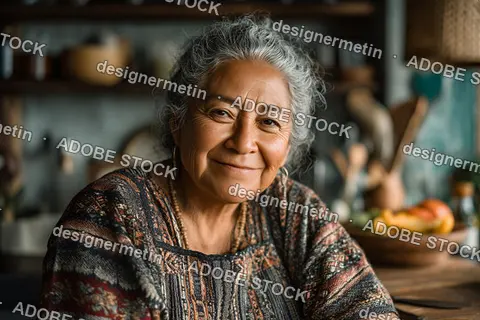 Happy Senior Hispanic Woman With Gray Hair And Traditional Patterned Clothing Smiling Warmly In Rustic Kitchen With Vegetables