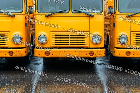 Vintage Yellow School Buses Parked In A Row On Wet Asphalt During Rainy Overcast Weather Condition