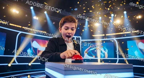 Excited Boy Pressing Red Button On Quiz Game Show Stage With Celebration Lights And Confetti Explosion