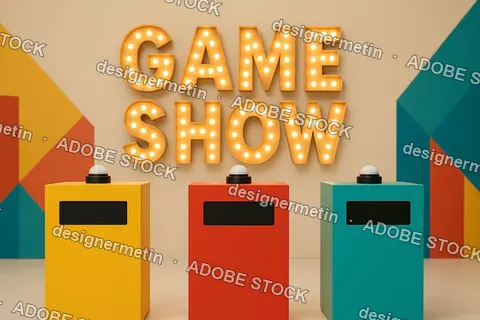 Modern Game Show Setup With Illuminated Signage And Three Contestant Podiums In Colorful Studio Scene