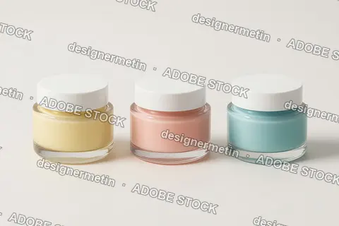 Three Glass Jars Of Skincare Creams In Soft Pastel Colors