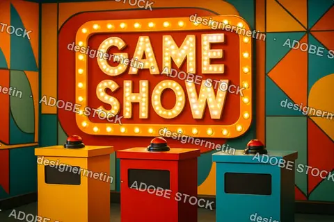 Bright Retro Game Show Scene With Lit Signage And Vibrant Contestant Podiums In Colorful Room