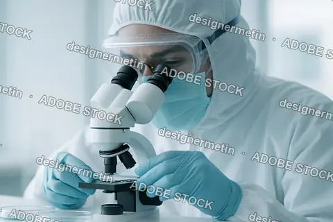 Scientist Wearing Protective Gear Working Carefully With Microscope In Sterile Laboratory Environment For Research