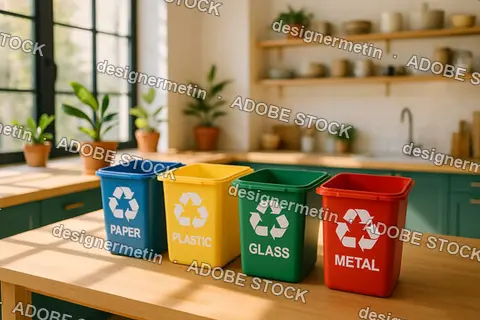 Color Coded Recycling Bins In Kitchen Encouraging Waste Separation And Sustainable Habits For Eco-Conscious Lifestyle