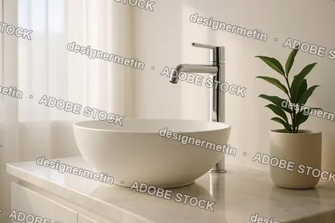 Bright Minimal Spa Bathroom Interior With Modern White Basin Chrome Faucet And Elegant Marble Countertop