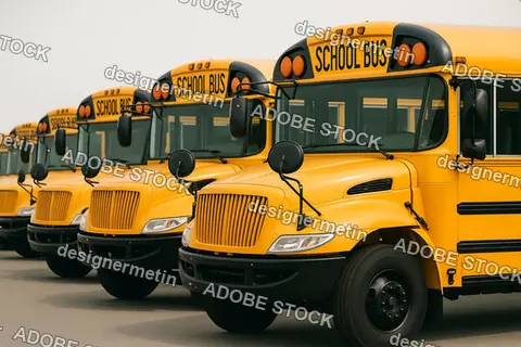 Multiple Yellow School Buses Parked In A Row Ready For Student Transportation On A Clear Morning
