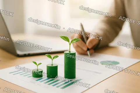Green Financial Concept Showing Coin Stacks With Leaves Symbolizing Eco Investment Strategy And Economic Growth