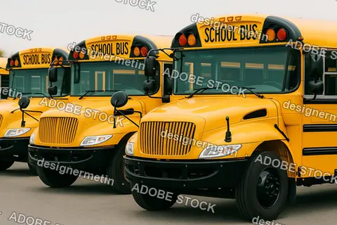 Front View Of Yellow School Buses Aligned In Parking Lot For Safe Student Transportation Service