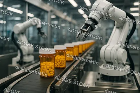 Robotic Arms Managing Pill Bottles On Pharmaceutical Production Line In Modern High-Tech Medical Factory