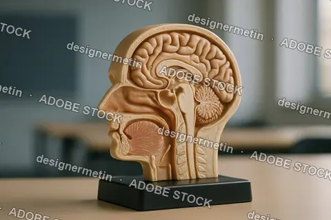 Educational Human Brain Model In Classroom Showcasing Detailed Anatomical Cross-Section For Medical Study