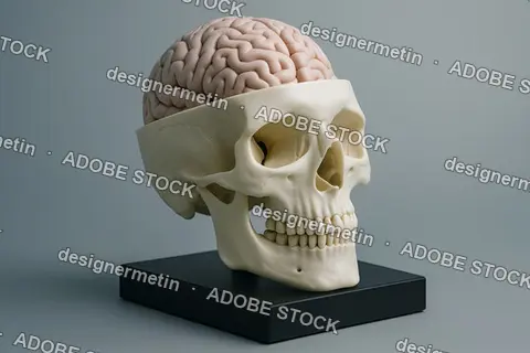 Cutaway Skull Model With Visible Brain On Black Stand For Anatomical Reference In Clinical Education Setup