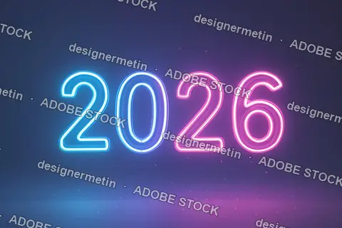 Glowing Neon 2026 Numbers In Vibrant Blue And Pink On Dark Futuristic Background For New Year Celebration