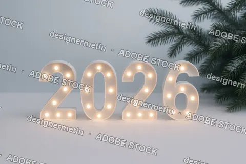Lit 2026 Digits Standing In Snowy Winter Background With Pine Branches For Seasonal Celebration Design Concept