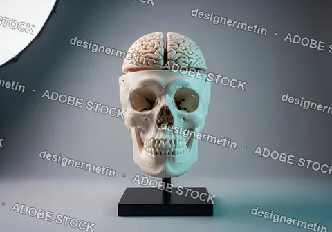 Medical Skull Model With Exposed Brain Anatomy Placed On Stand For Educational Scientific Training Classroom Display