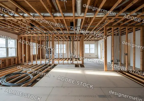 Large Industrial Building Interior Under Construction Showing Electrical Wiring Plumbing And Unfinished Wooden Framing In Progress