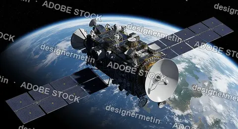 Large Space Satellite Orbiting Earth With Extended Solar Panels Transmitting Signals And Supporting Advanced Communication Technology