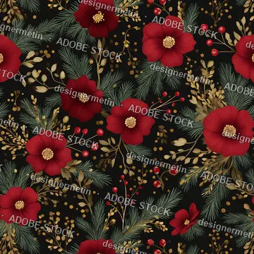 Festive Christmas Pattern With Red Flowers Pine Branches Golden Elements On Black Background