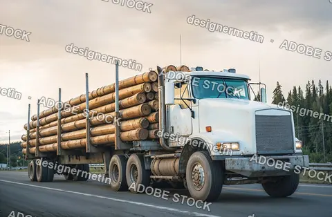 Heavy Duty Truck Transporting Freshly Harvested Bamboo Logs Along Paved Road In Rural Agricultural Zone
