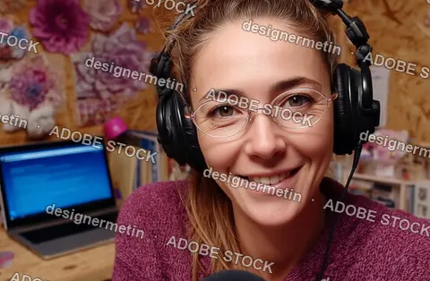 Podcaster in a colourful home studio