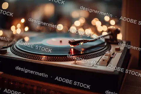 Close Up Of Spinning Vinyl Record On Turntable With Festive Warm Lighting At Cozy Loft Party Event