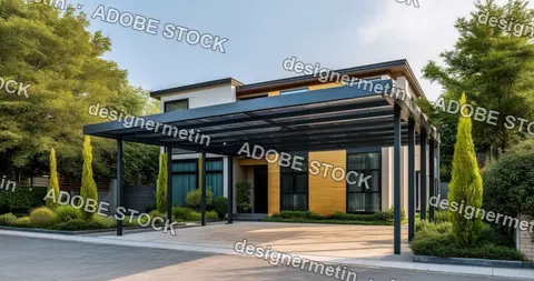 Modern Suburban Home With Sleek Metal And Glass Carport Surrounded By Manicured Landscaping And Tall Green Trees