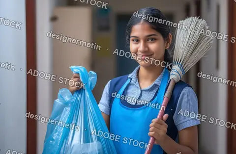Indian Schoolgirl Smiling While Holding Broom And Garbage Bag During Community Cleanliness Activity In School Hallway
