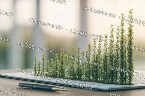 Eco Concept Of Digital Financial Growth Represented By Plants Growing From Tablet Keyboard With Modern Lighting