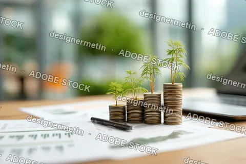 Stacked Coin Columns With Growing Plants Symbolizing Green Financial Investment Success And Environmental Sustainability