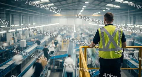 Supervisor In Reflective Vest Overseeing Busy Industrial Assembly Line With Workers Ensuring Organized Production Process