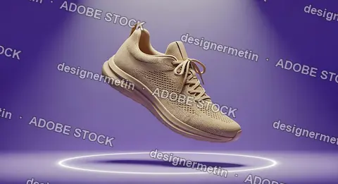 Modern Beige Sneaker Floating In Purple Background Spotlight Showing Stylish Footwear Fashion And Product Presentation