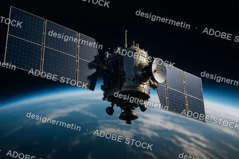 Artificial Satellite Orbiting Above Earth Atmosphere With Solar Panels Reflecting Sunlight In Space Background