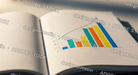 Colorful Bar Chart Illustration In Notebook Showing Financial Growth Trend With Upward Arrow In Blurred Focus