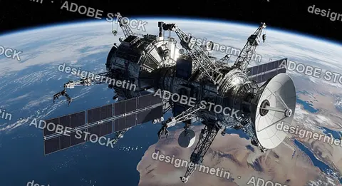 High Resolution Detailed Space Station Orbiting Earth With Solar Panels Communication Antennas And Advanced Futuristic Technology