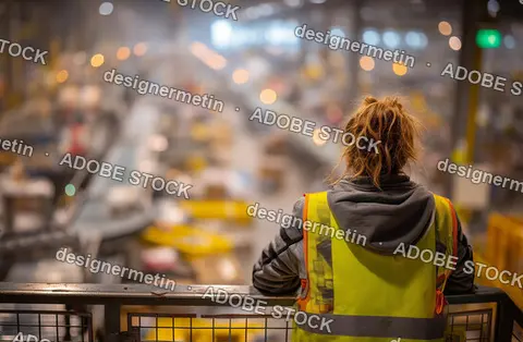 Safety Officer Observing Busy Industrial Warehouse Operations From Balcony Wearing Protective Vest And Work Clothing