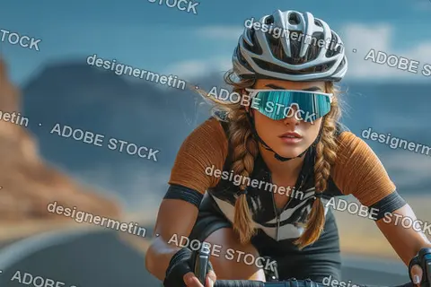 Female Cyclist Wearing Helmet And Sports Sunglasses Riding Road Bicycle Outdoors For Endurance Competition Speed And Fitness