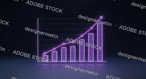 Futuristic Glowing Neon Purple Financial Growth Chart With Rising Bar Graph And Arrow On Dark Background