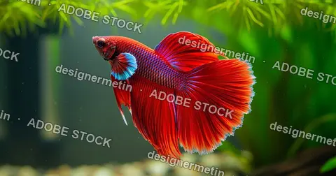Bright Red Betta Fish Swimming Gracefully In Aquarium With Green Plants And Soft Lighting Background In Water